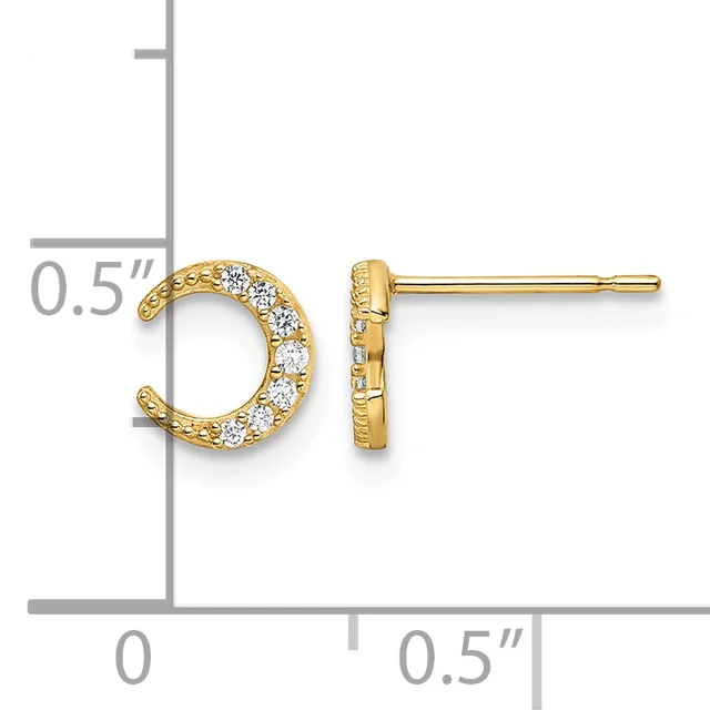 Gold circular stud earrings with cubic zirconia stones set around the curved band, shown from front and side views with measurement scale.