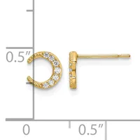 Gold circular stud earrings with cubic zirconia stones set around the curved band, shown from front and side views with measurement scale.
