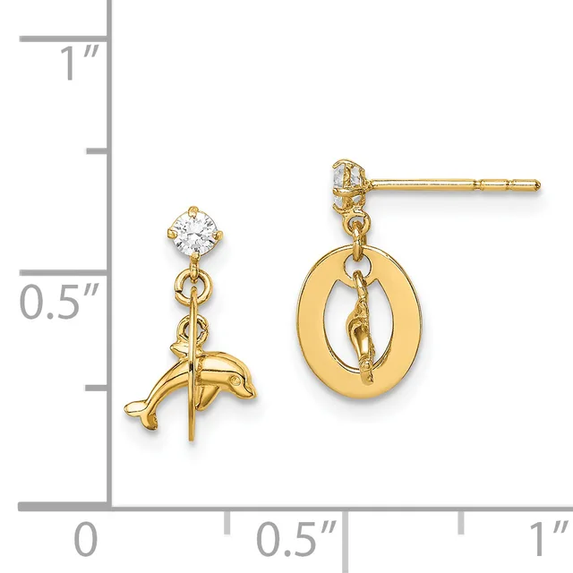 Gold dangle earrings with cubic zirconia studs and oval and dolphin-shaped charms, displayed against a measurement ruler showing approximately one inch in length.