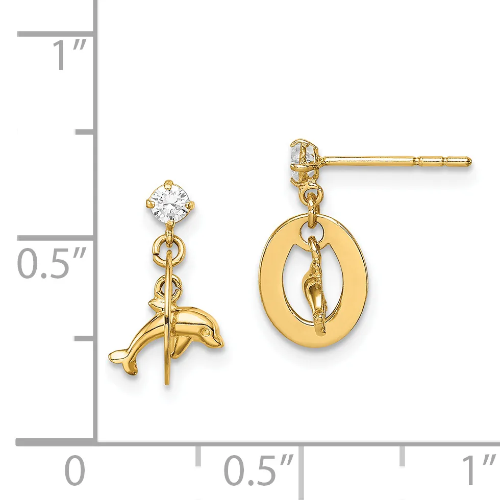 Gold dangle earrings with cubic zirconia studs and oval and dolphin-shaped charms, displayed against a measurement ruler showing approximately one inch in length.