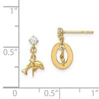 Gold dangle earrings with cubic zirconia studs and oval and dolphin-shaped charms, displayed against a measurement ruler showing approximately one inch in length.