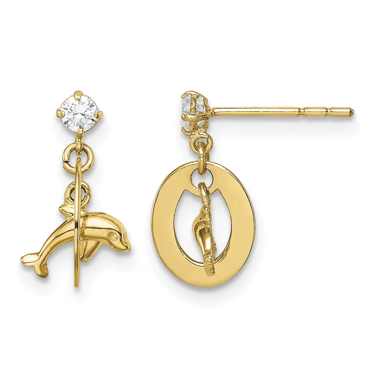 Pair of gold dangle earrings with round cubic zirconia studs on top and oval charms with dachshund dog silhouettes hanging below.
