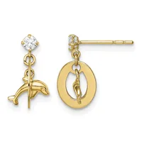 Pair of gold dangle earrings with round cubic zirconia studs on top and oval charms with dachshund dog silhouettes hanging below.