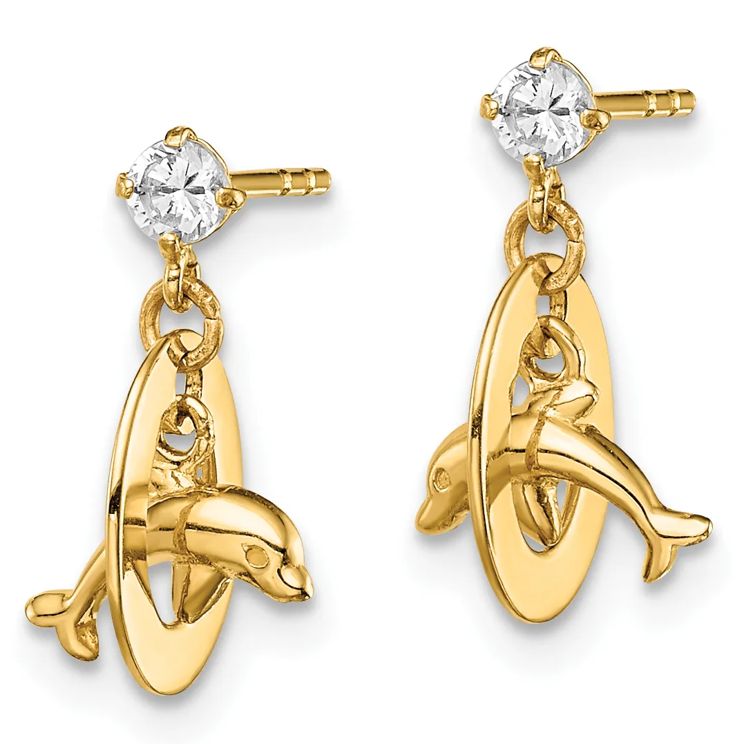 Pair of gold dolphin charm earrings with cubic zirconia studs, shown from front and back views.