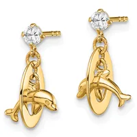 Pair of gold dolphin charm earrings with cubic zirconia studs, shown from front and back views.