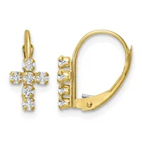 Gold cross earrings with cubic zirconia stones set in a leverback closure style, shown from front and side views.