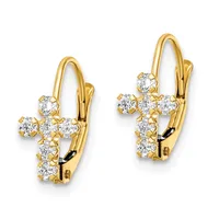 A pair of gold lever-back earrings, each featuring a cross design set with round cubic zirconia stones.