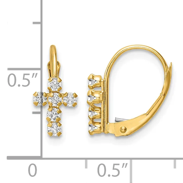 A pair of gold cross-shaped leverback earrings set with round diamonds, displayed against a measurement scale showing approximately 0.5 inches in height.