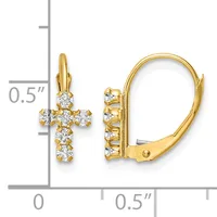 A pair of gold cross-shaped leverback earrings set with round diamonds, displayed against a measurement scale showing approximately 0.5 inches in height.