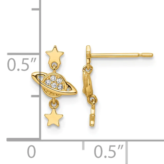 Gold star and planet dangle earrings with cubic zirconia accents, shown with measurement scale indicating approximately 0.5 inches in length.