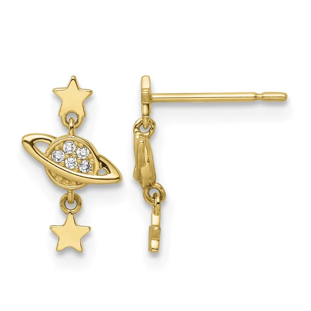 Pair of gold dangle earrings featuring star charms above and below a planet charm with cubic zirconia stones, shown from front and back views.