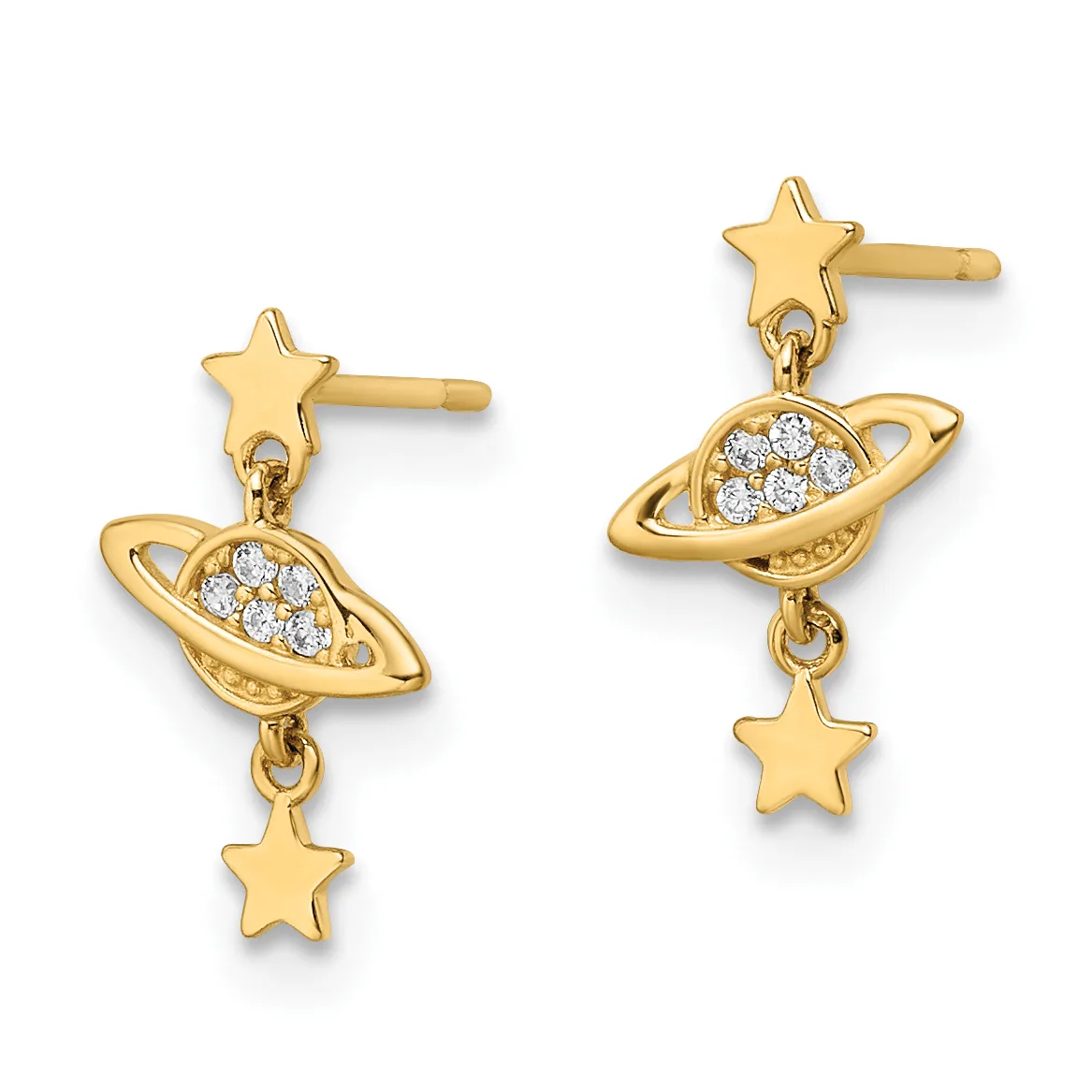 Pair of gold-tone earrings with star studs at top, dangling planet charms with cubic zirconia centers, and star drops at bottom.