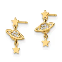 Pair of gold-tone earrings with star studs at top, dangling planet charms with cubic zirconia centers, and star drops at bottom.