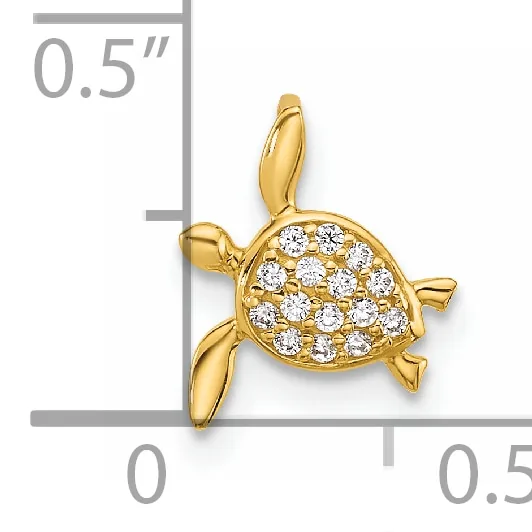 Gold turtle pendant with diamond-patterned shell and polished limbs, shown next to a measurement scale indicating approximately 0.5 inches in length.