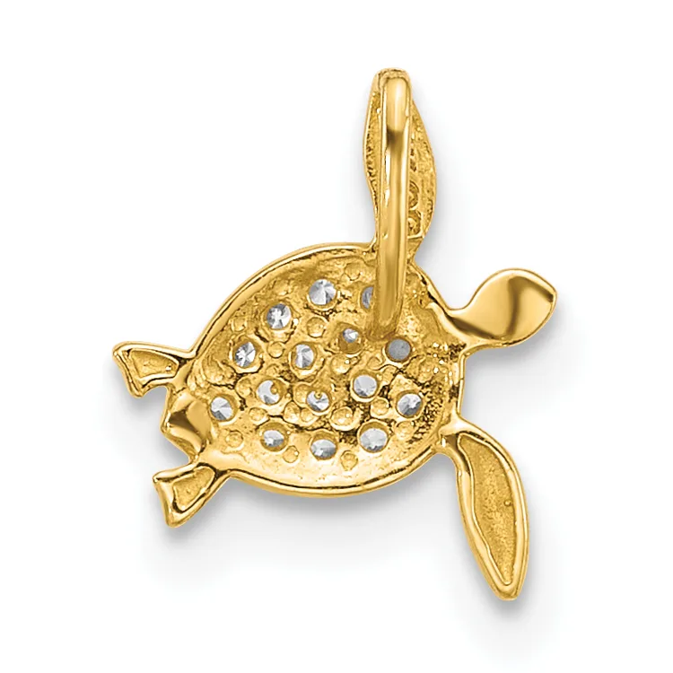 A gold sea turtle pendant with a textured shell decorated with round white crystals, featuring articulated flippers and a small loop for hanging.