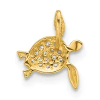 A gold sea turtle pendant with a textured shell decorated with round white crystals, featuring articulated flippers and a small loop for hanging.
