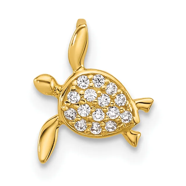 Gold turtle pendant with cubic zirconia stones set in the shell, featuring a bail loop at the top and polished gold flippers and head.