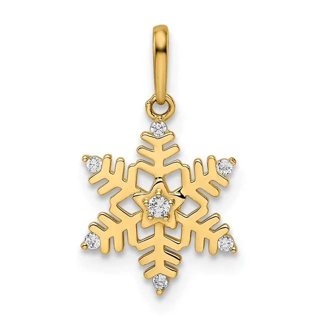 Gold snowflake pendant with six points decorated with small round diamonds, suspended from a gold bail.