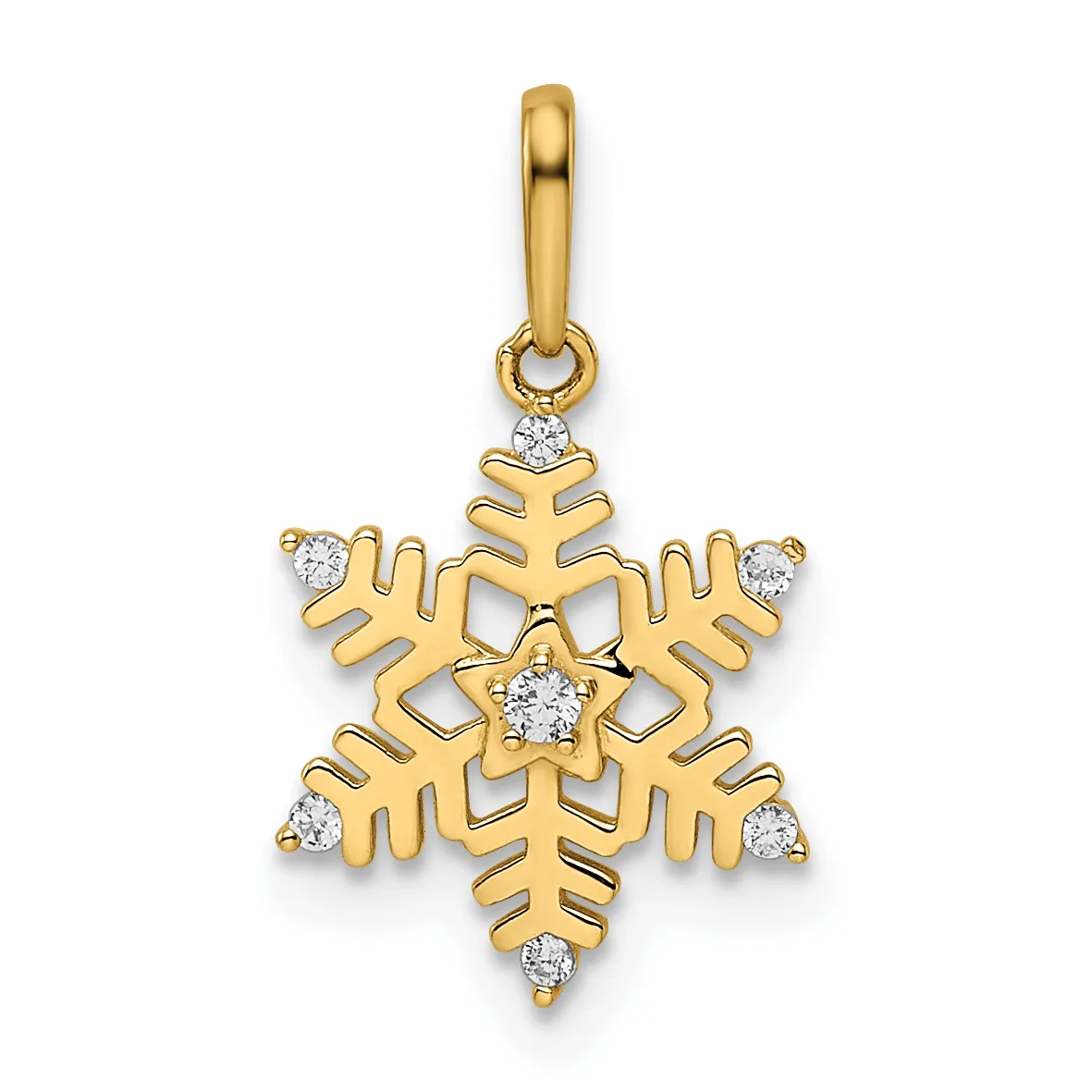 Gold snowflake pendant with six points decorated with small round diamonds, suspended from a gold bail.