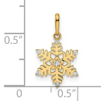 A gold snowflake pendant with diamond accents at each point and center, shown next to a ruler indicating approximately half an inch in width.