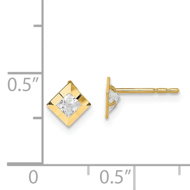 Pair of gold stud earrings with square settings containing cushion-cut cubic zirconia stones, displayed next to a ruler showing approximately half-inch length.