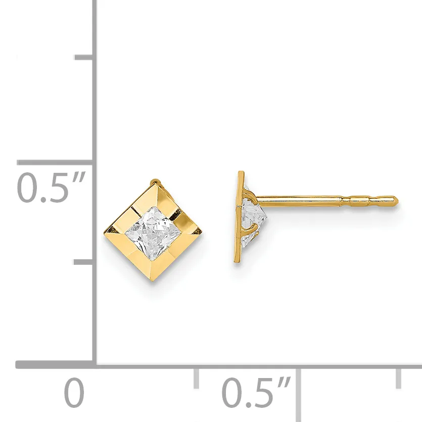 Pair of gold stud earrings with square settings containing cushion-cut cubic zirconia stones, displayed next to a ruler showing approximately half-inch length.