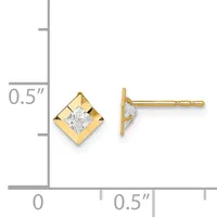 Pair of gold stud earrings with square settings containing cushion-cut cubic zirconia stones, displayed next to a ruler showing approximately half-inch length.