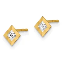 A pair of gold stud earrings with square settings featuring princess-cut diamonds, shown from the front against a white background.