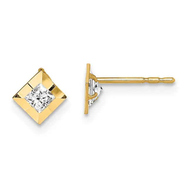 A pair of gold stud earrings with square settings featuring cushion-cut diamond centers, shown from front and side views.