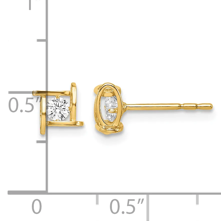 A pair of gold stud earrings with square bezels holding round diamonds, shown next to a measurement scale indicating approximately 0.5 inches in size.