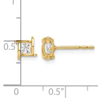 A pair of gold stud earrings with square bezels holding round diamonds, shown next to a measurement scale indicating approximately 0.5 inches in size.