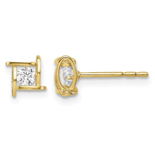 Pair of gold stud earrings with square and oval settings each holding a round clear gemstone, shown from front and side views.