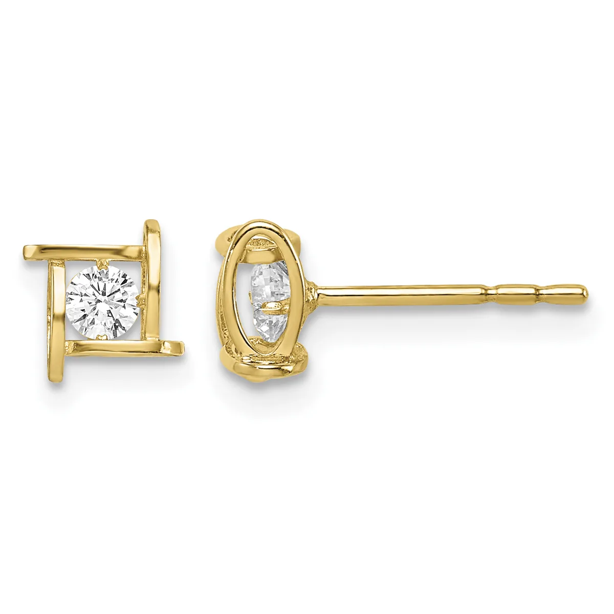 Pair of gold stud earrings with square and oval settings each holding a round clear gemstone, shown from front and side views.