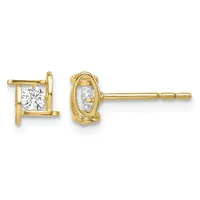 Pair of gold stud earrings with square and oval settings each holding a round clear gemstone, shown from front and side views.