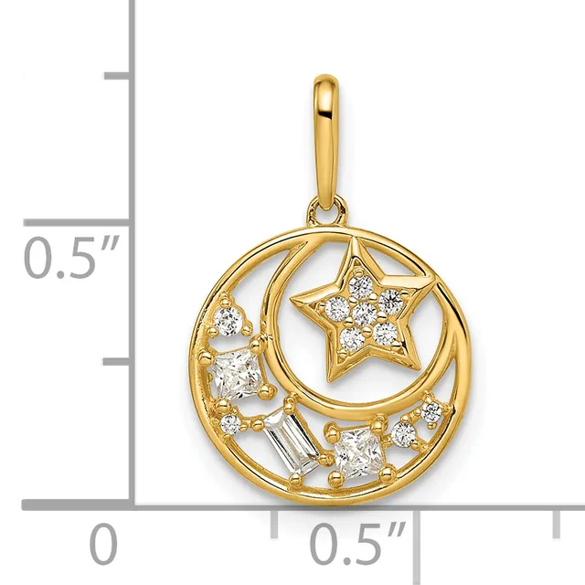 Gold pendant featuring a crescent moon and star design with white cubic zirconia stones, shown against a measurement scale.