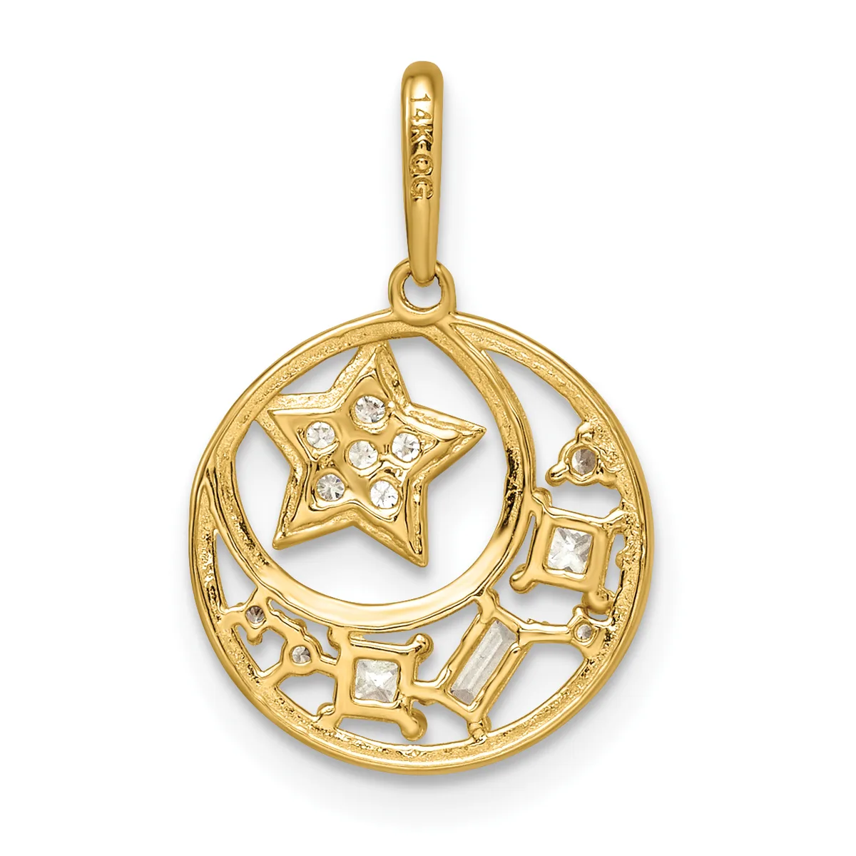 Gold pendant featuring a crescent moon with a star and scattered cubic zirconia stones arranged in a circular openwork design, suspended from a bail loop.