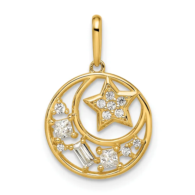 Gold pendant featuring a circular design with a crescent moon and star cutout, decorated with round and baguette diamonds throughout, suspended from a gold bail.