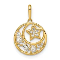 Gold pendant featuring a circular design with a crescent moon and star cutout, decorated with round and baguette diamonds throughout, suspended from a gold bail.