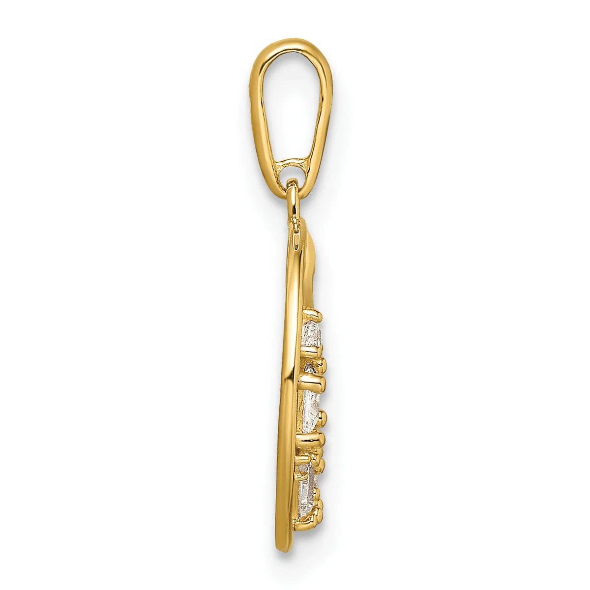 Gold pendant with oval bail at top and rectangular base set with four square-cut clear stones arranged vertically, shown against white background.