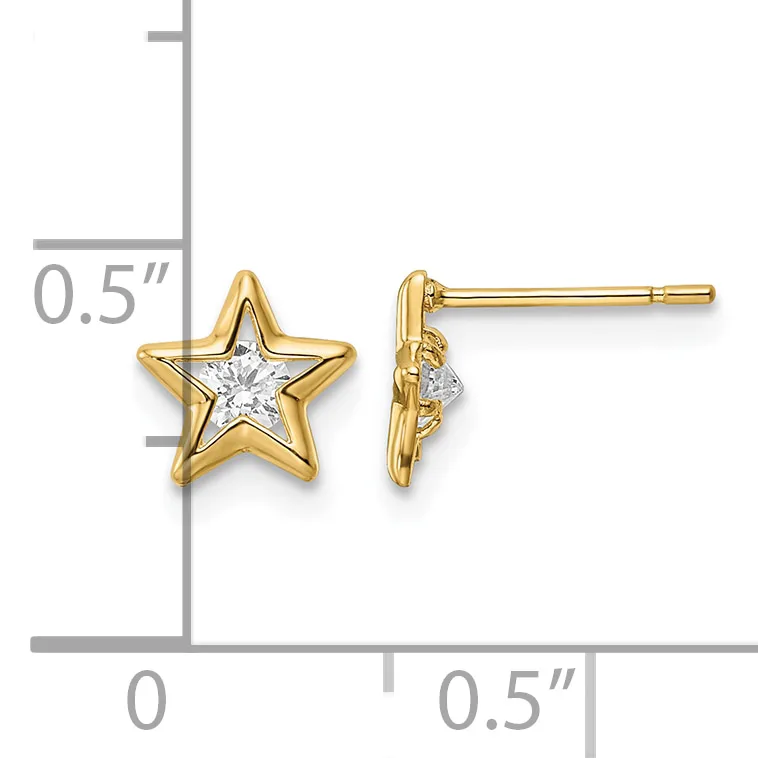 Pair of gold star stud earrings with round white diamond centers, shown front and side view with a measurement scale indicating 0.5 inch height.