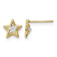 Pair of gold star stud earrings with white diamond centers, shown from front and side view.