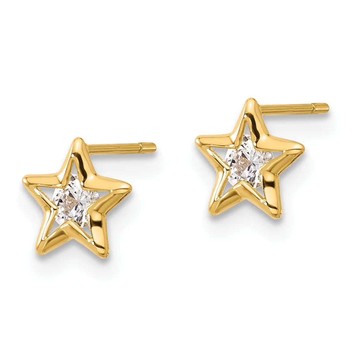 A pair of gold star-shaped stud earrings with white cubic zirconia stones set in the center of each star.