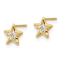 A pair of gold star-shaped stud earrings with white cubic zirconia stones set in the center of each star.