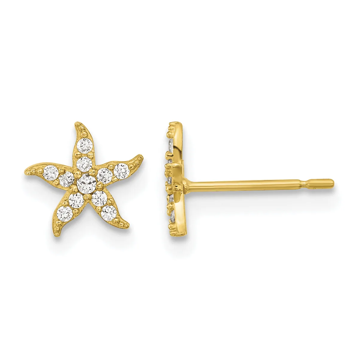 Pair of gold starfish stud earrings set with cubic zirconia stones, shown from front and side views.