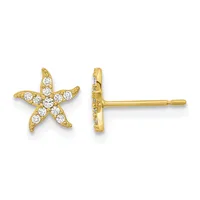 Pair of gold starfish stud earrings set with cubic zirconia stones, shown from front and side views.