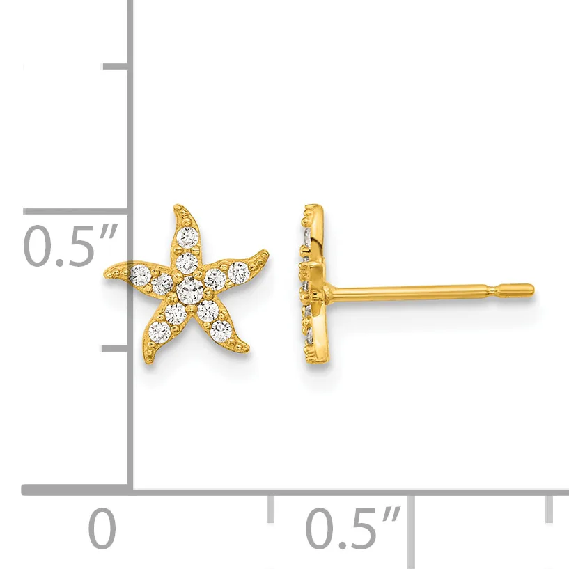 A pair of gold starfish-shaped stud earrings set with cubic zirconia stones, shown front and side view with a measurement scale indicating approximately 0.5 inches in width.