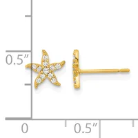 A pair of gold starfish-shaped stud earrings set with cubic zirconia stones, shown front and side view with a measurement scale indicating approximately 0.5 inches in width.
