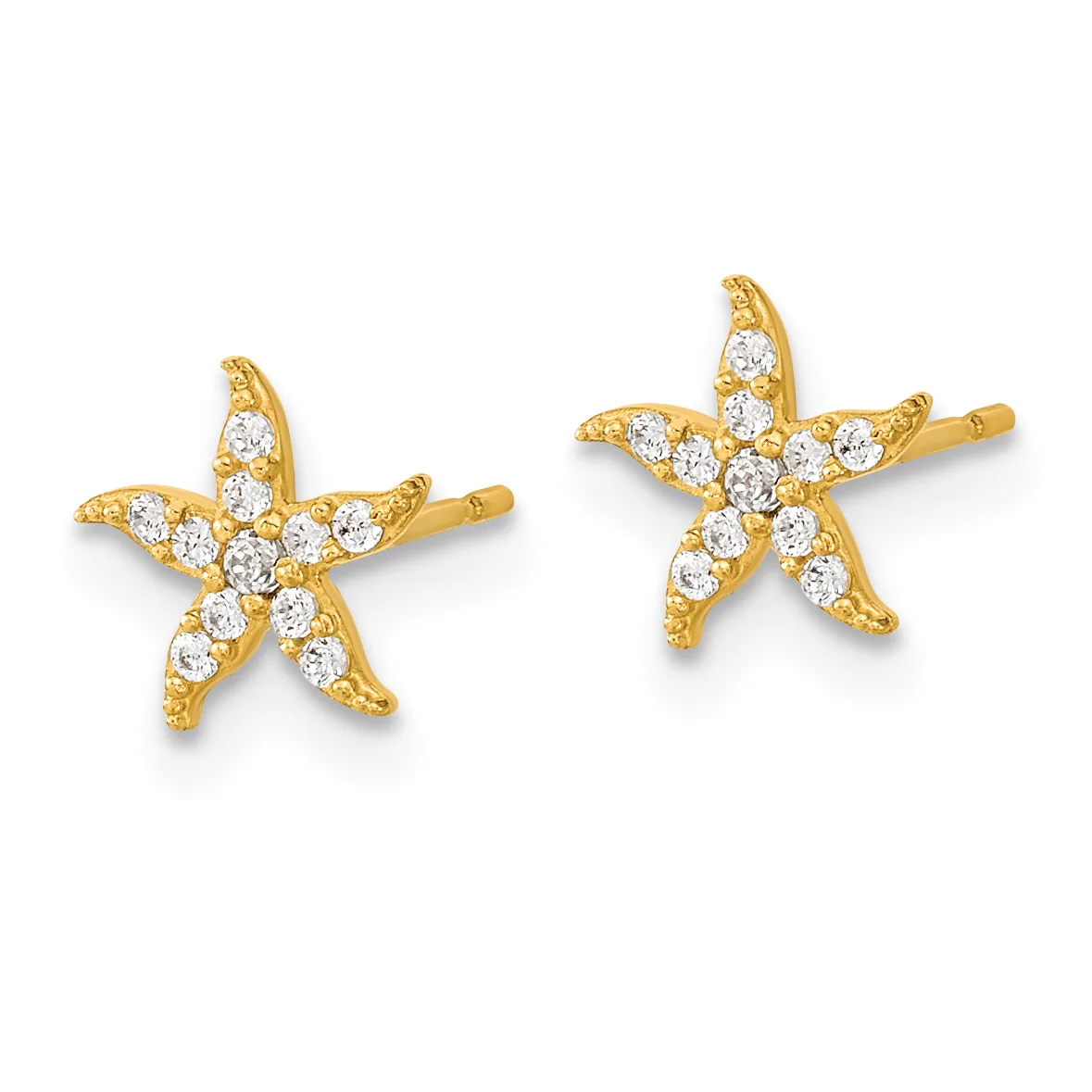 Pair of gold starfish earrings with diamond pavé settings and post backs, shown from the front.