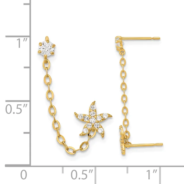 Gold-tone dangle earrings with cubic zirconia stud tops, chain links, and a starfish charm, shown against a measurement scale.