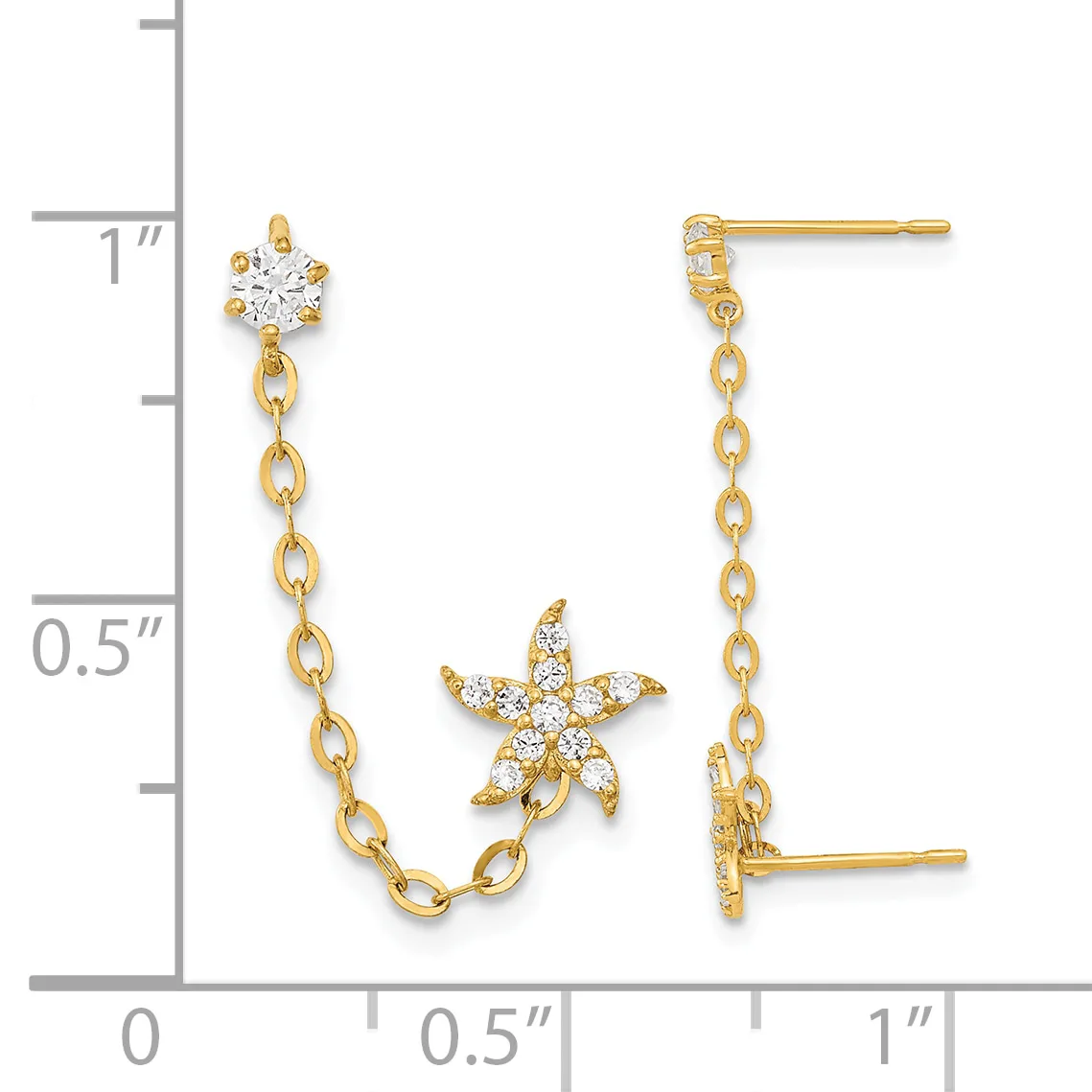 Gold-tone dangle earrings with cubic zirconia stud tops, chain links, and a starfish charm, shown against a measurement scale.